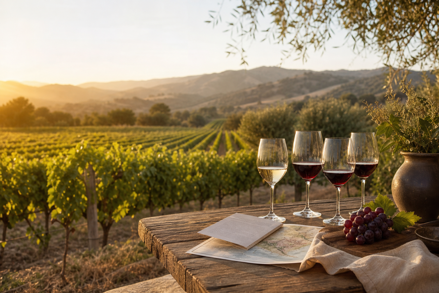 Golden vineyard rows with wine glasses on a rustic table